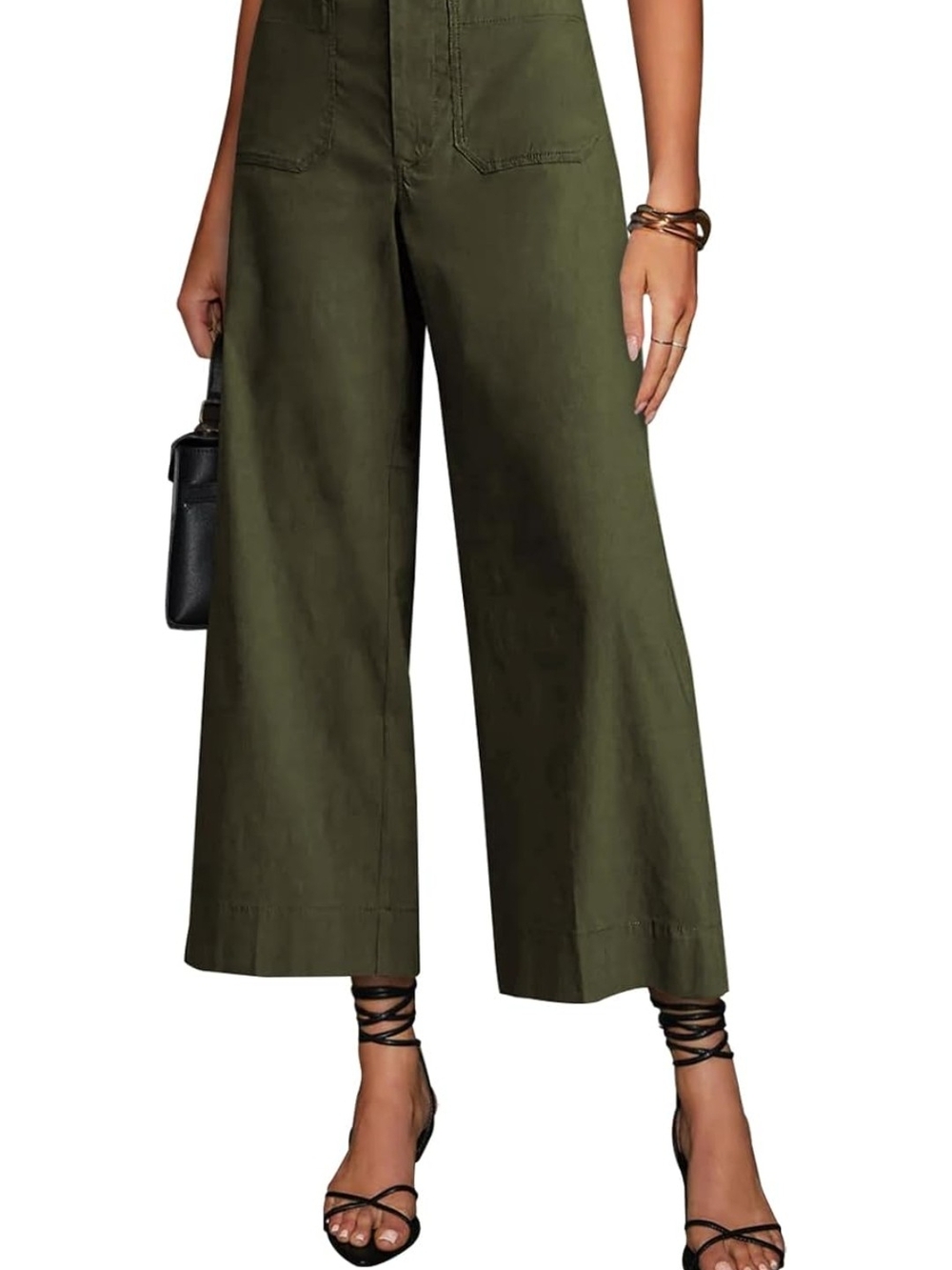 Wide Leg High-Waist Capri Pants in Olive Green